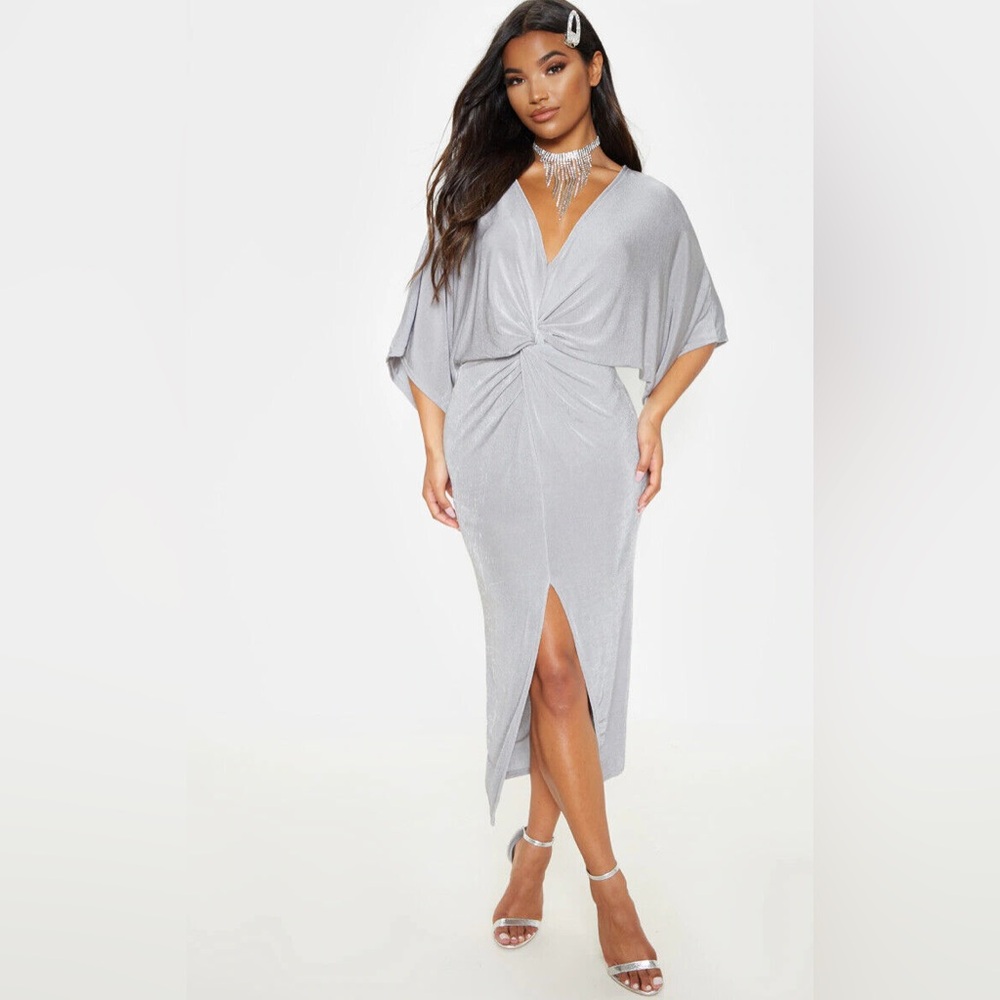 Pretty Little Thing Silver Grey Knot Front Kimono Batwing Sleeve Midi Dress